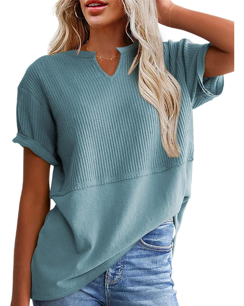 T-Shirt Taille Cintrée Patchwork Col En V Pullover