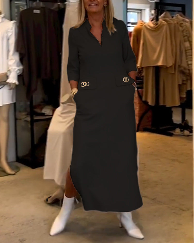 Robe fendue à manches 3/4 de couleur unie