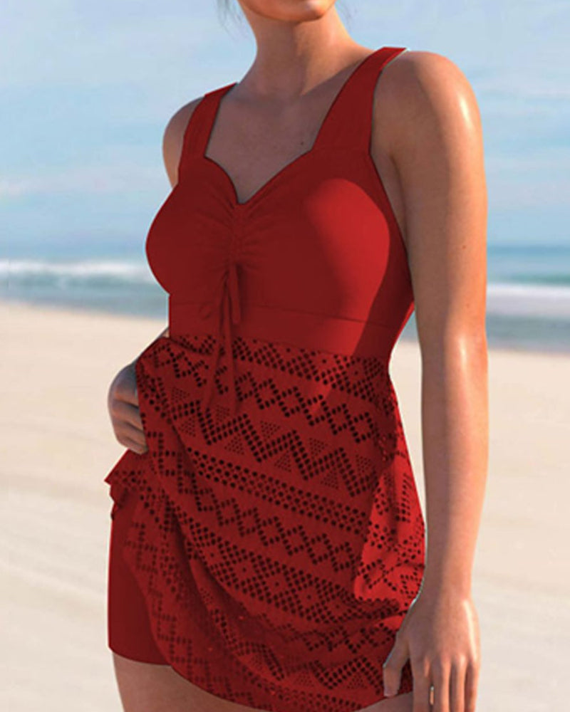 Tankini À Empiècements En Dentelle De Couleur Unie