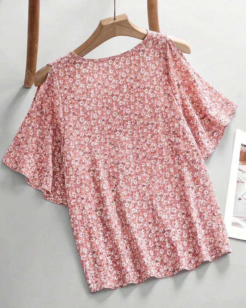 Blouse Col V Florale Off-Shoulder Manche Papillon