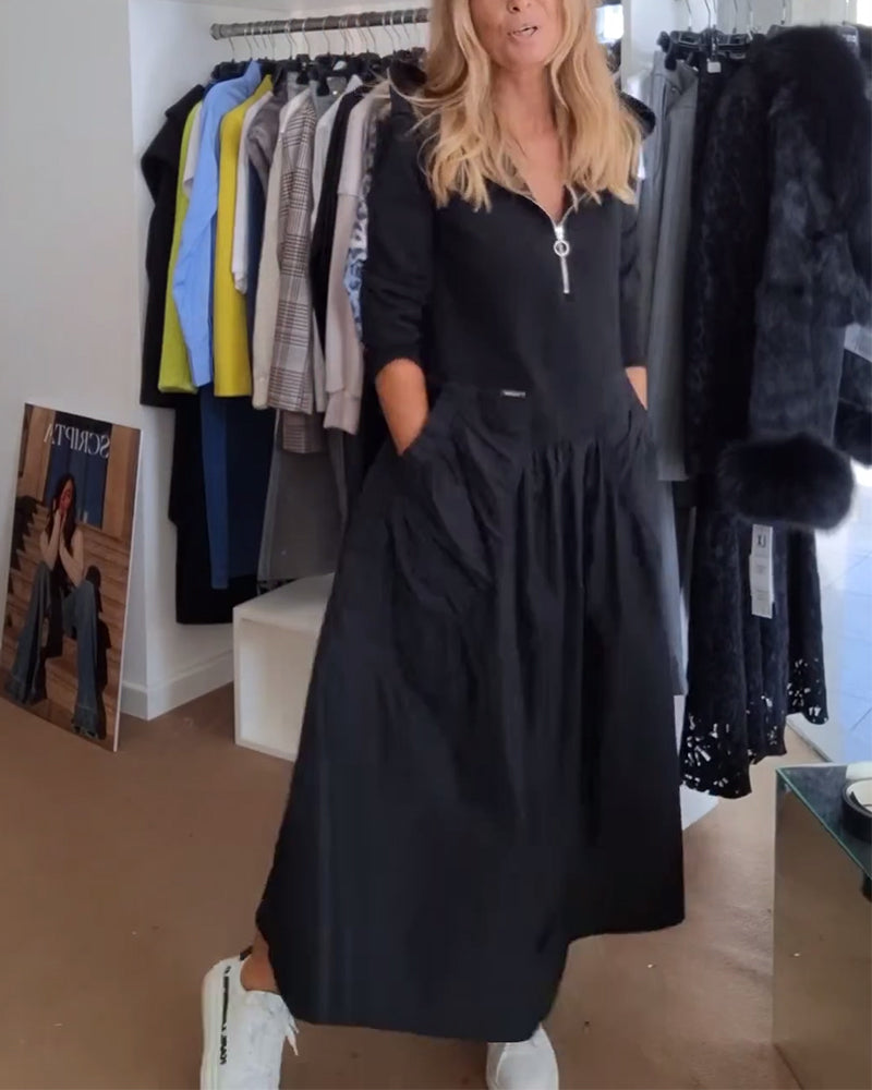 Robe décontractée à capuche avec fermeture éclair et poches patchwork