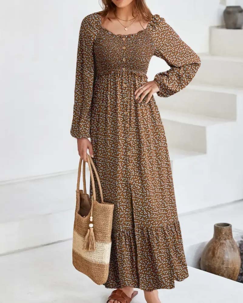 Robe Florale Col Carré Manche Longue Maxi