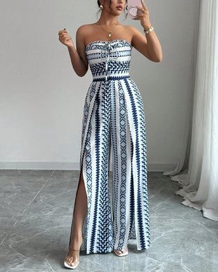 Jumpsuit Géométrique Bandeau Fente Jambe Large