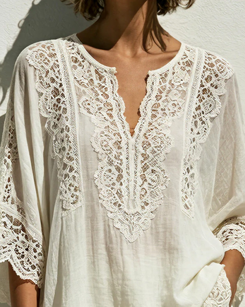 Blouse Unie À Col V En Dentelle
