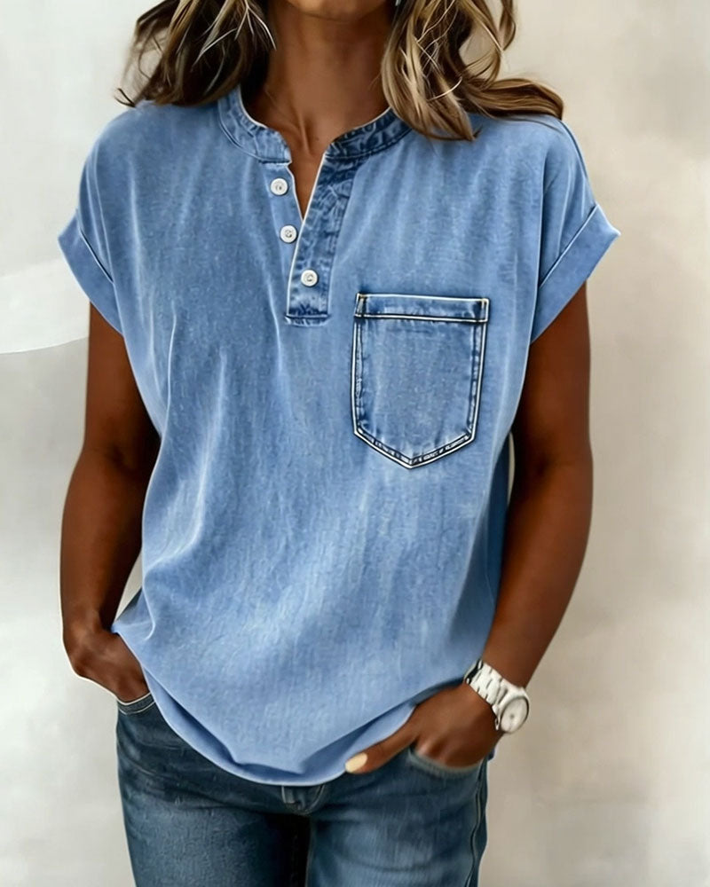 Top Lavé Denim Henley Manche Courte