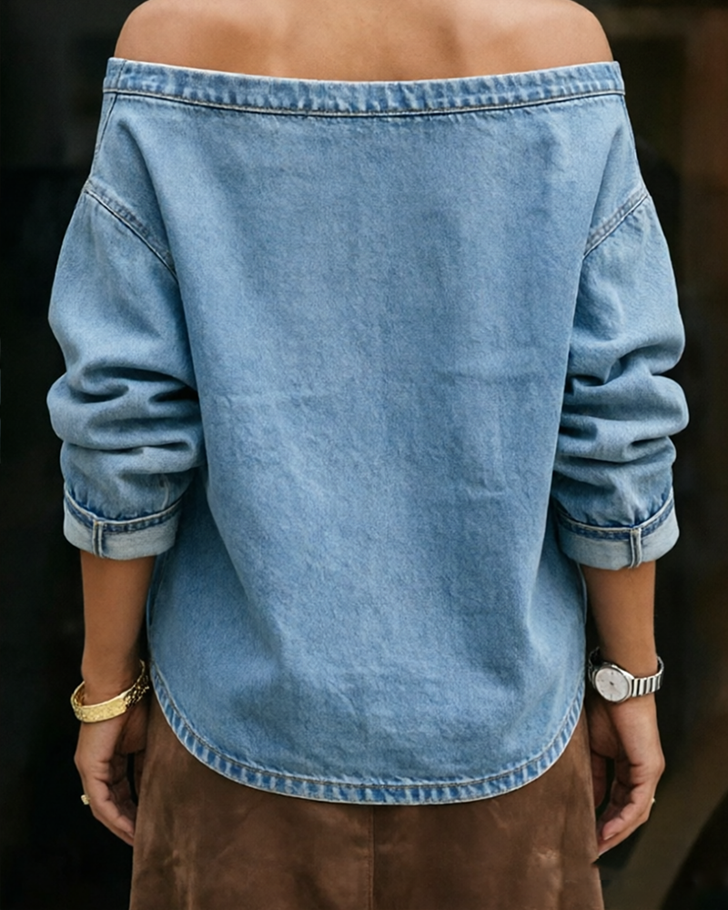 Haut Hors Épaule Lâche Denim Manches Longues