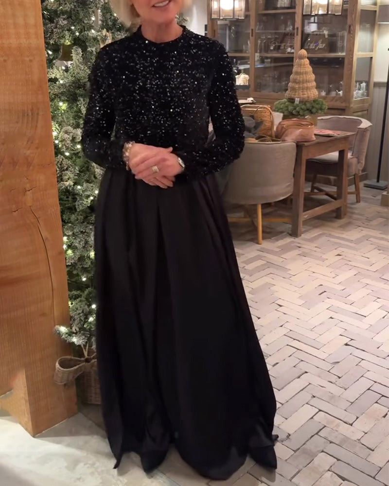 Robe Élégant Paillettes Patchwork Longueur Sol