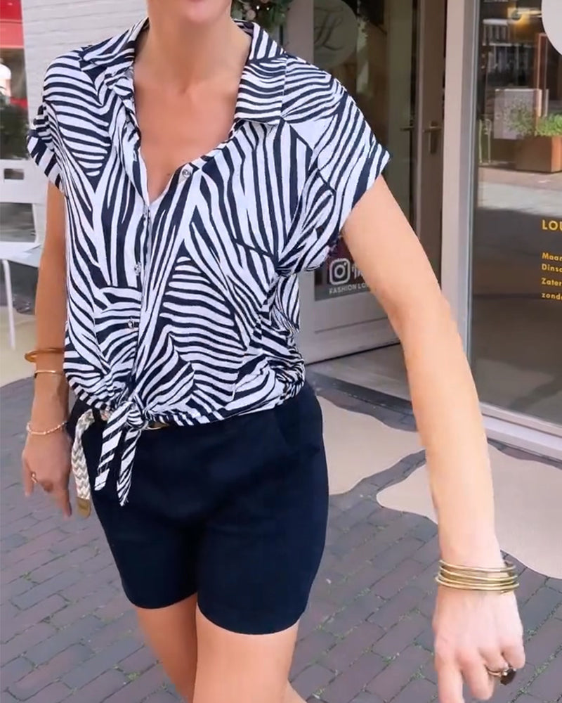 Blouse Zèbre Imprimé Revers Manches Courtes