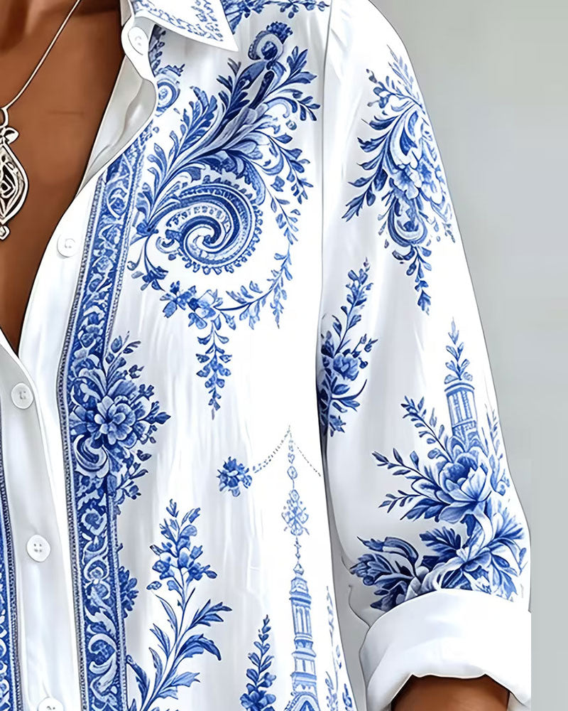 Chemise Bleu Porcelaine Imprimé Revers