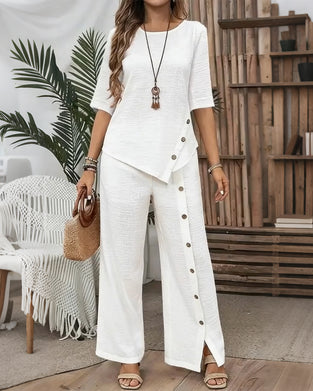 Ensemble Top Irrégulier Orné De Boutons Et Pantalon