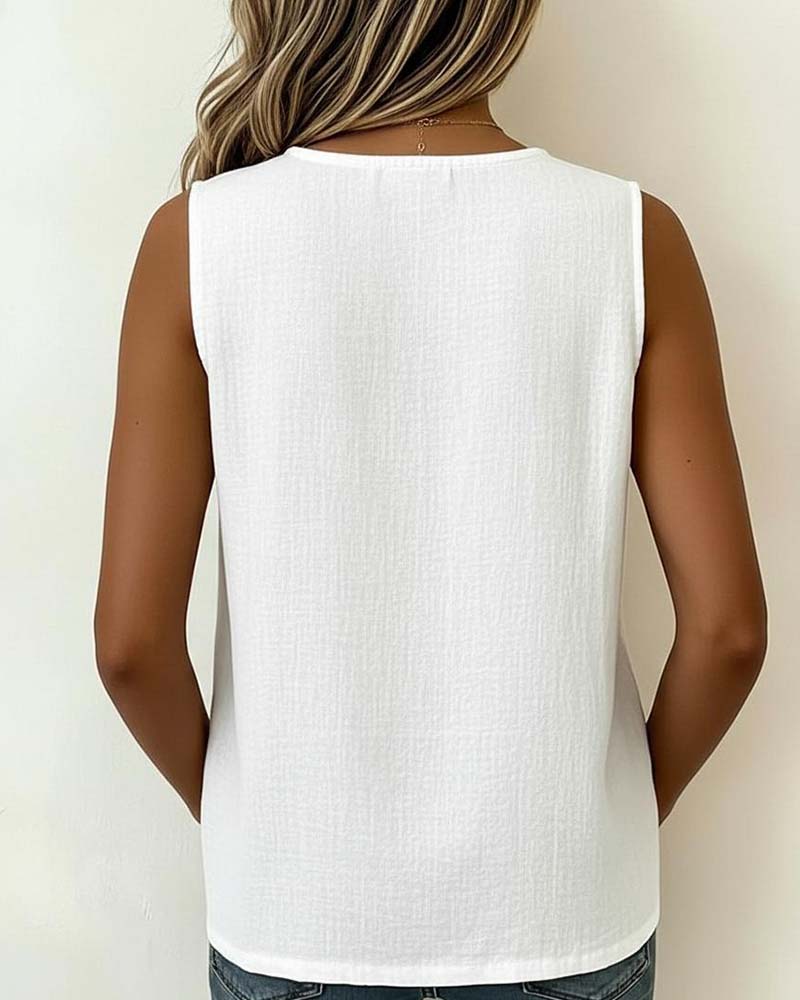 Blouse Col Rond Simple Boutonnage Sans Manches