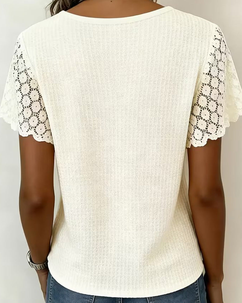 T-Shirt Col En V Gaufré Dentelle Patchwork Unie