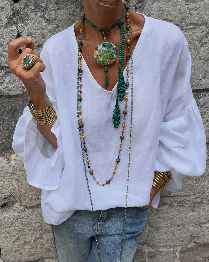 Blouse Col En V Volant Décontractée Unie
