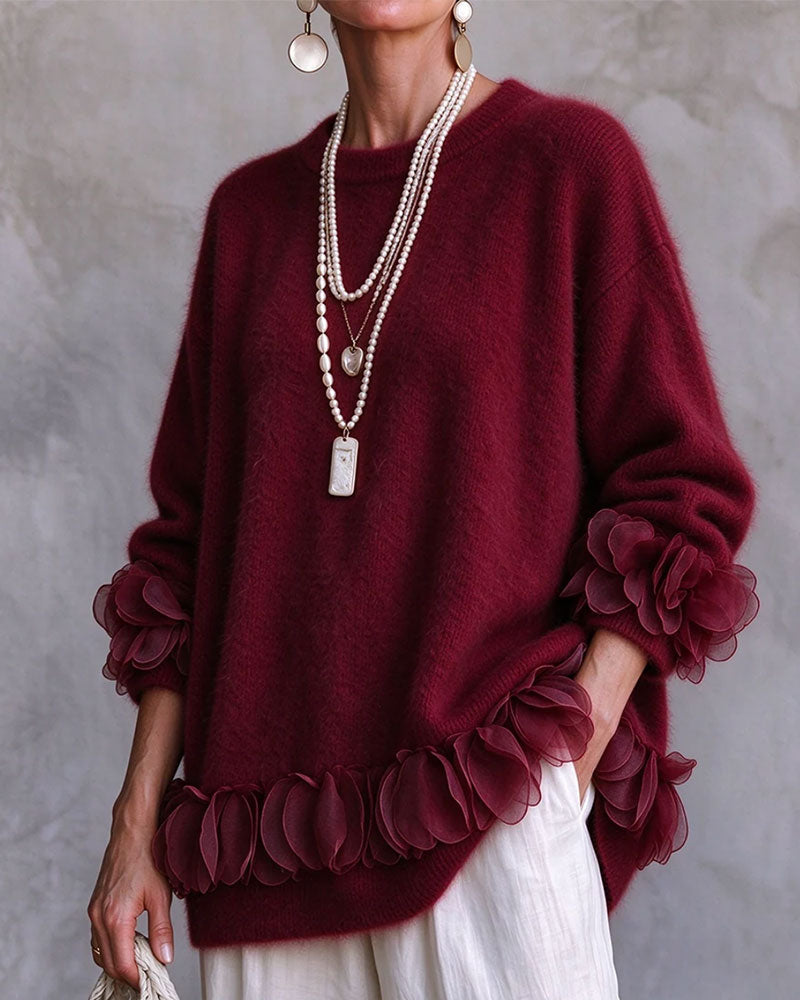 Pullover Floral Décontracté Couleur Unie