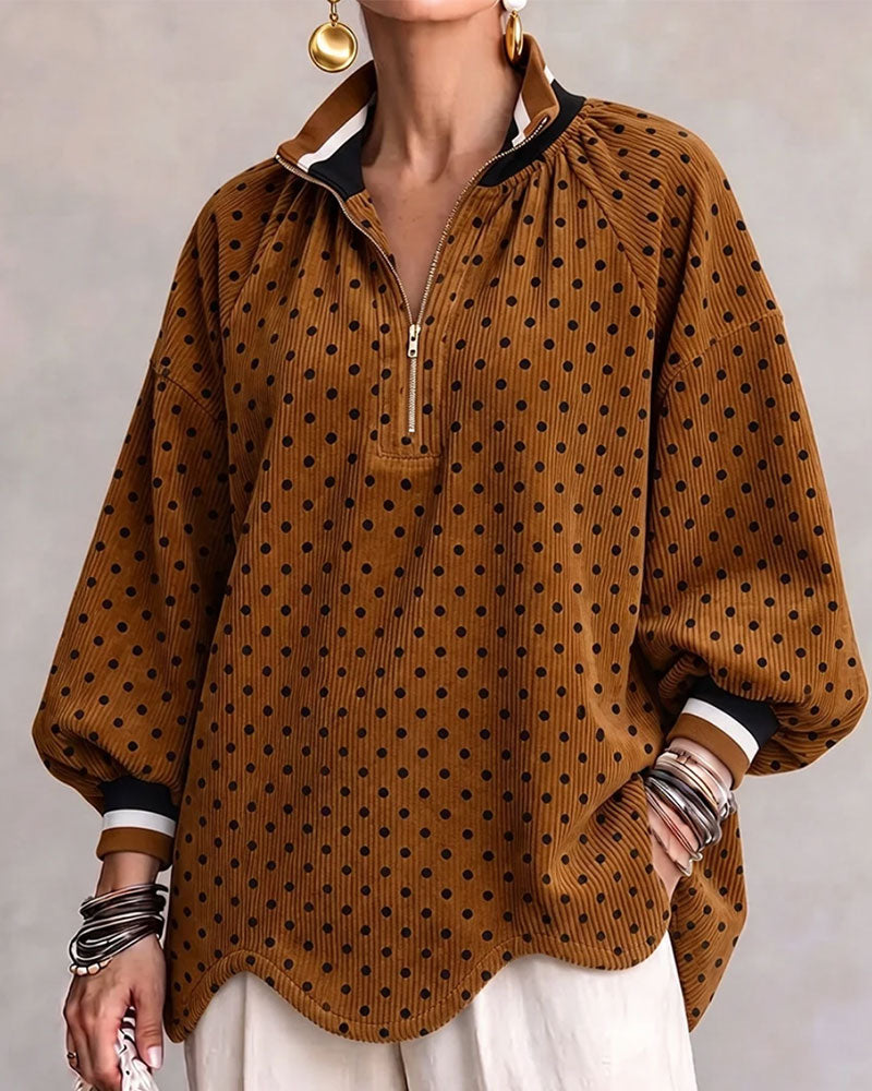 Blouse À Pois Velours Côtelé Demi-Zip Ample