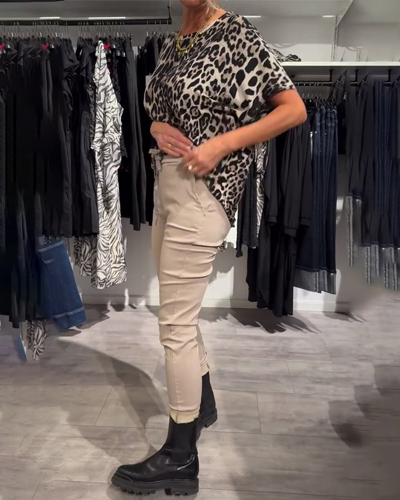 Blouse Col Rond Imprimé Léopard Manches Courtes