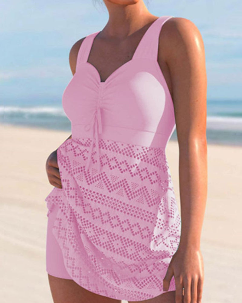 Tankini À Empiècements En Dentelle De Couleur Unie