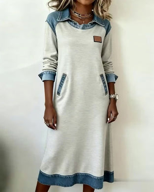 Robe Décontractée À Revers En Patchwork De Denim
