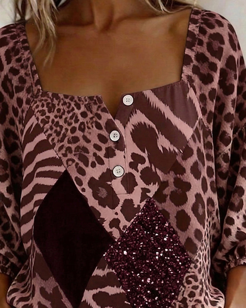Chemisier Col Carré Imprimé Léopard Patchwork Sequins