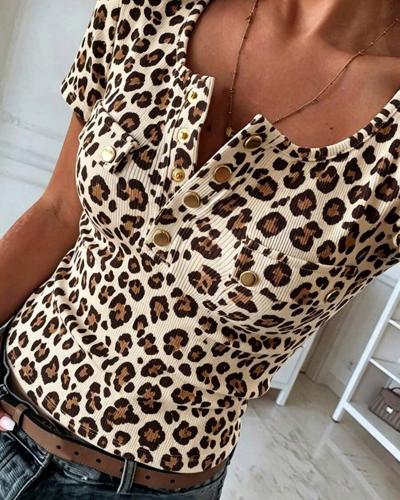 Blouse Col Henley Léopard Imprimé Manches Courtes