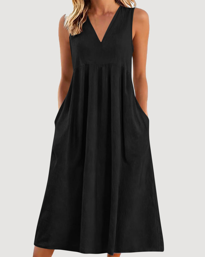Robe Unie Col V Sans Manches