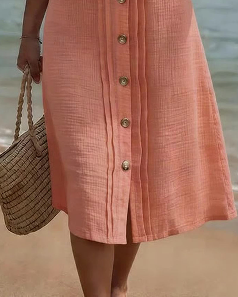 Robe Plissée Col V Bouton Dentelle Patchwork