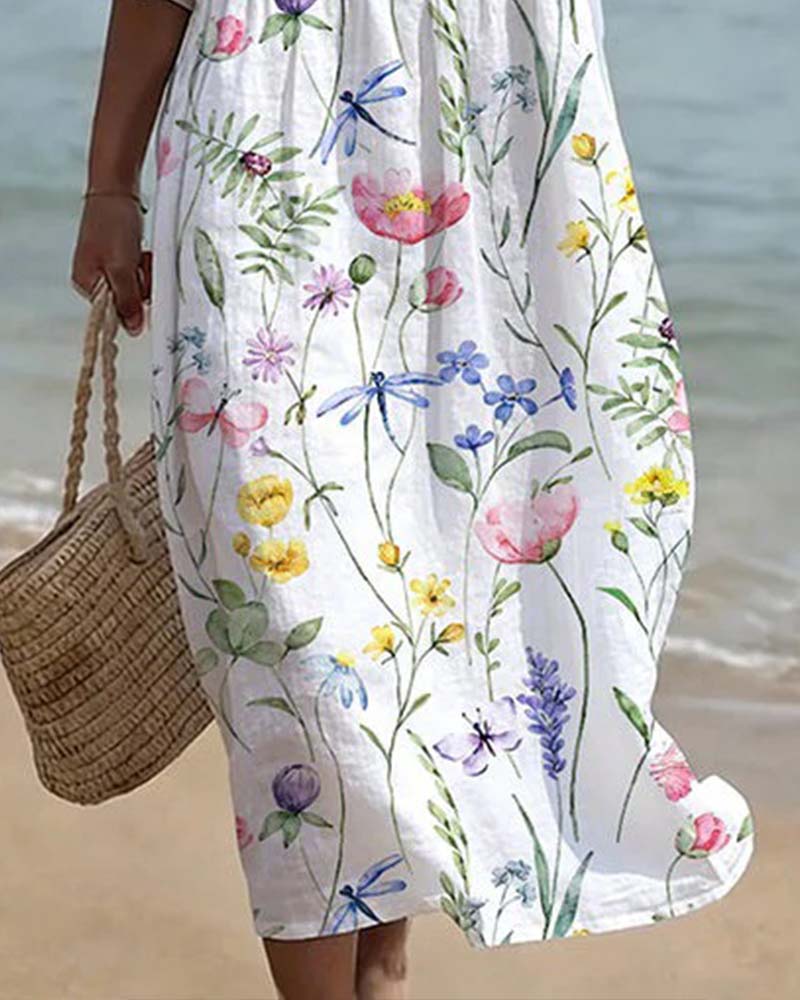 Robe Manche Courte Florale Col Rond A-Ligne