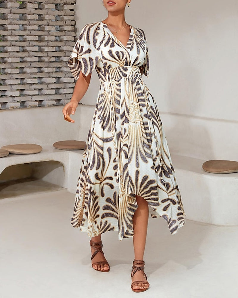 Robe élégante irrégulière imprimée à col en V