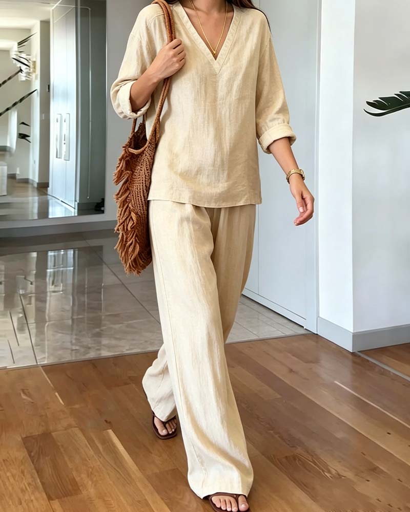 Ensemble Col‑V Uni Longues Manches Jambes Larges