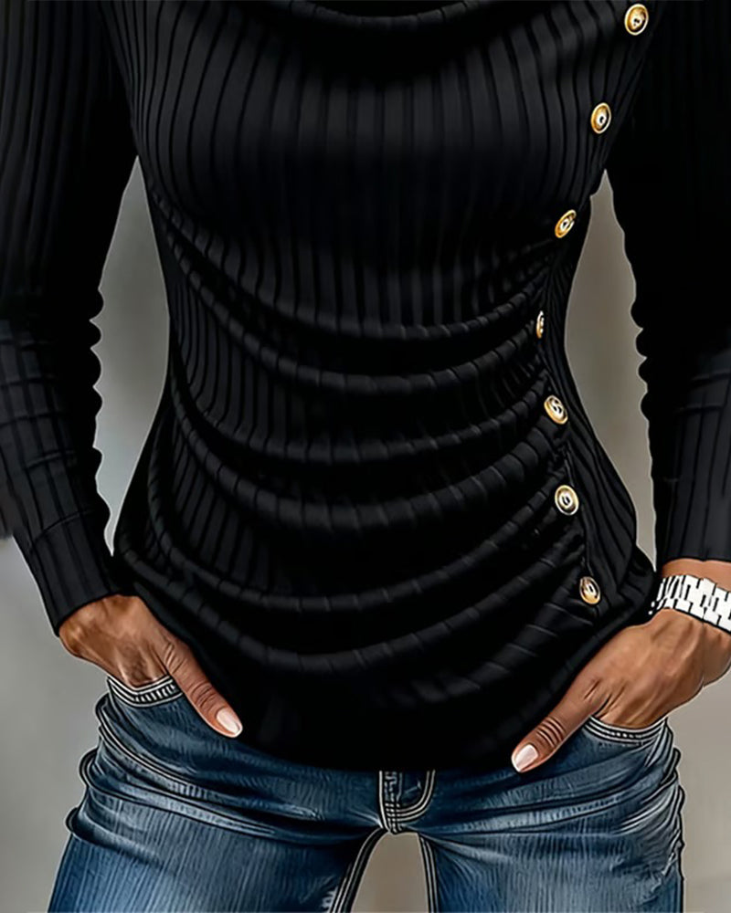 Blouse Col Mock Bouton Froncée