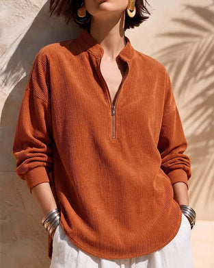 Blouse Zip Col Montant Velours Côtelé