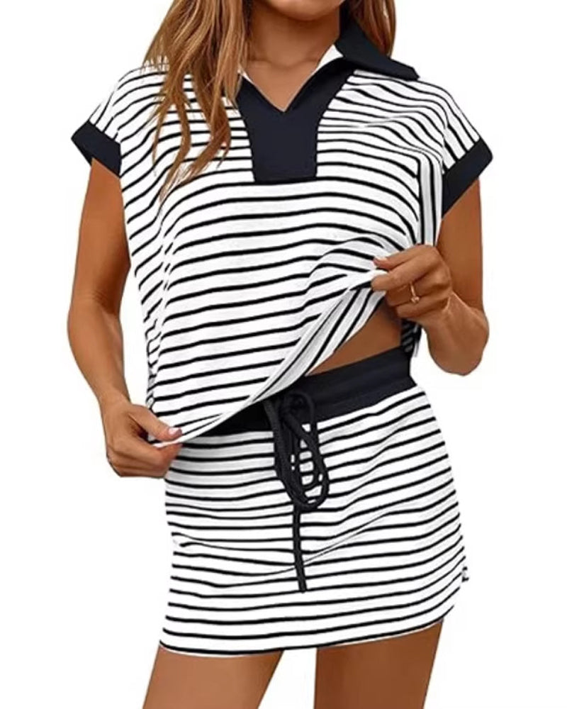 Set Rayé Ample Manche Courte Jupe Courte