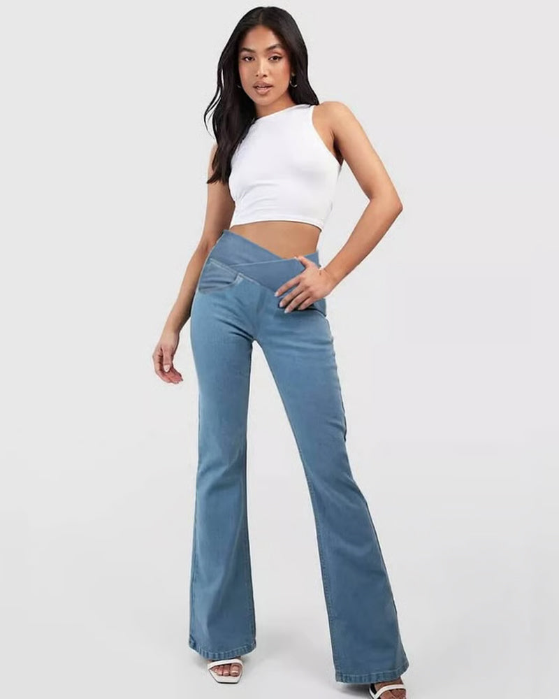 Pantalon Haute Élasticité Mode Poche Évasé