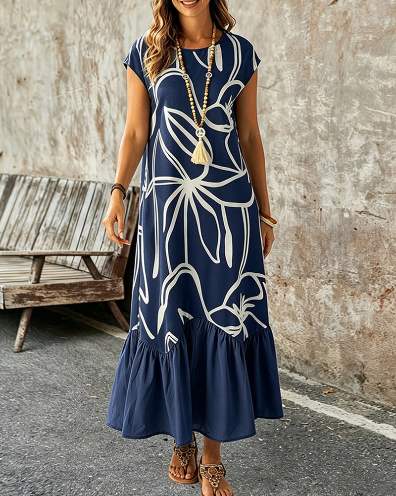 Robe Col Rond Géométrique Imprimé A-Ligne
