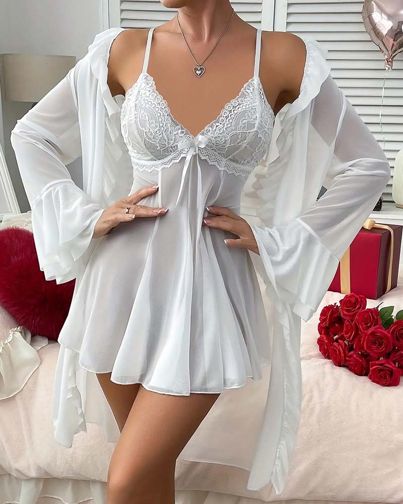 Ensemble Dentelle Profond V Bretelles Peignoir