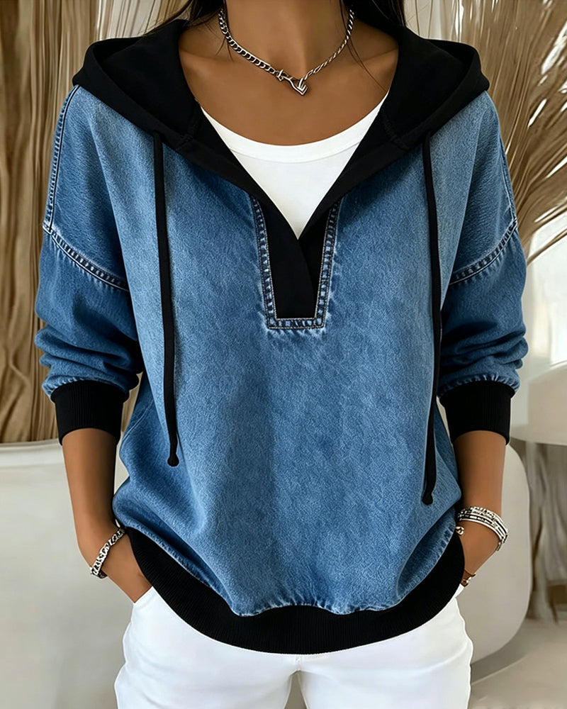 Hoodie Bloc De Couleur Col V Cordon