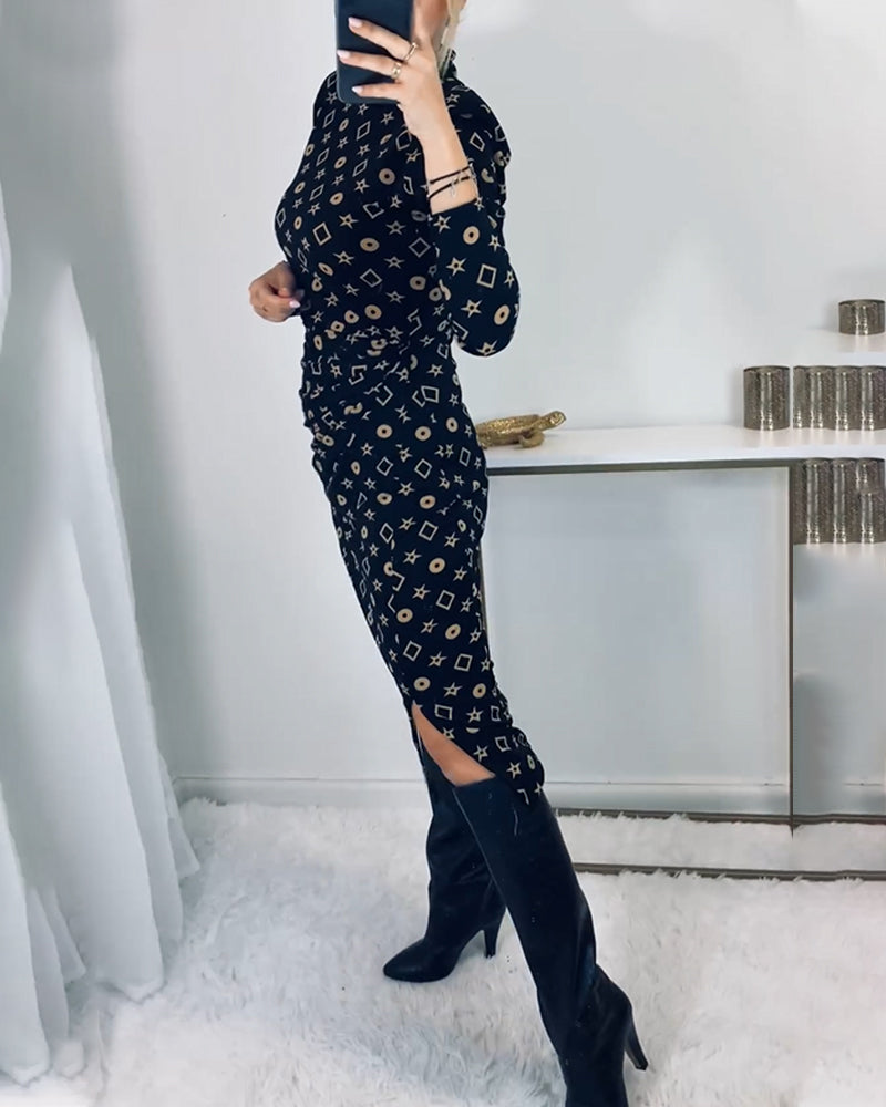 Robe élégante à imprimé géométrique et col montant