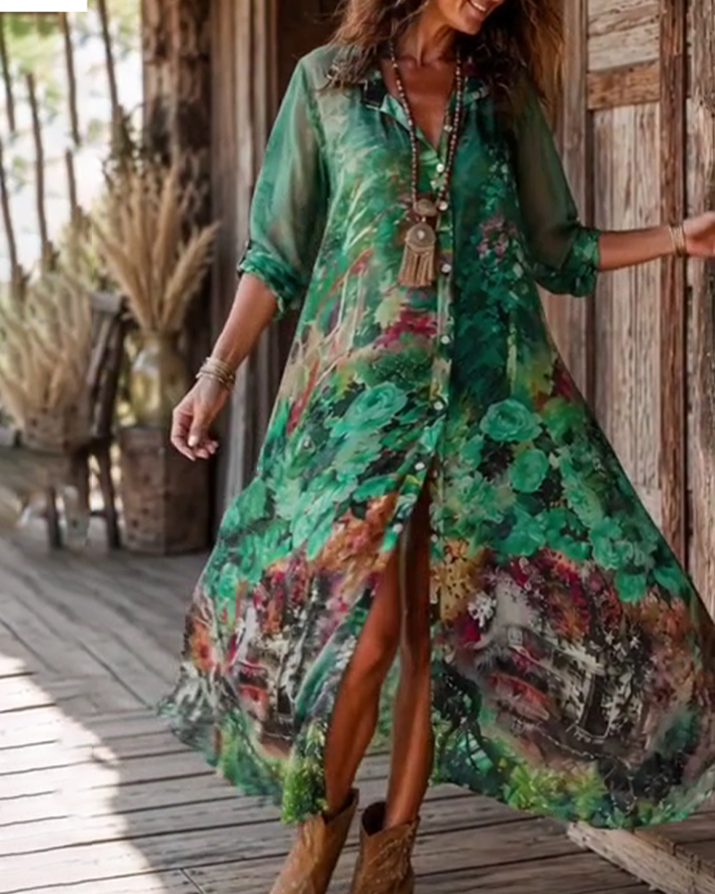 Robe Col Chemise Fente Florale