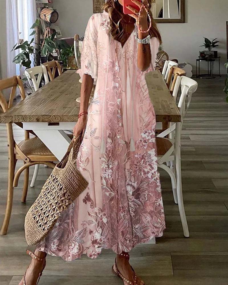 Robe Col En V Fleurie Volant Jupe Ample