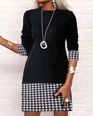 Robe Pied-de-poule Panneaux Manches Longues