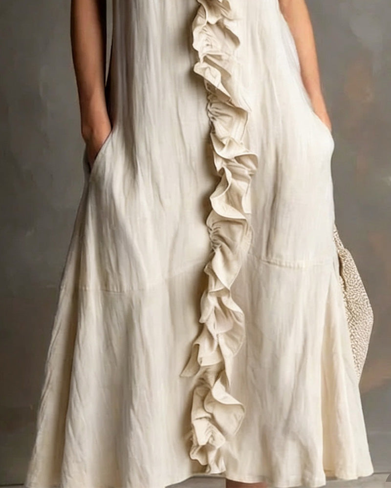 Robe Volant Col En V Poche Sans Manches