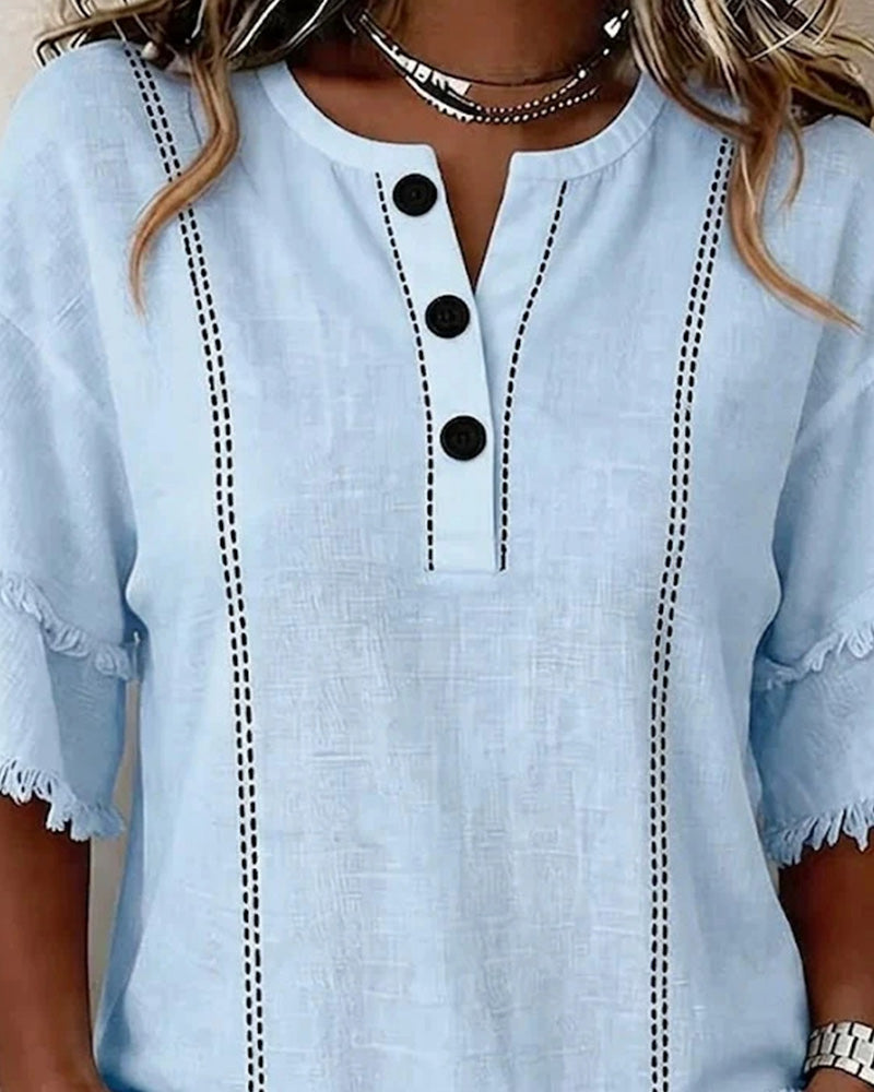 Blouse Col V Volant Couche Demi Patte Bouton