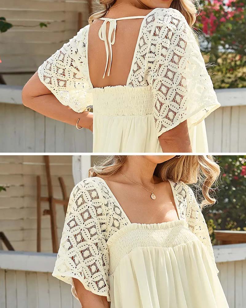 Robe Col Carré Dentelle Patchwork Unie