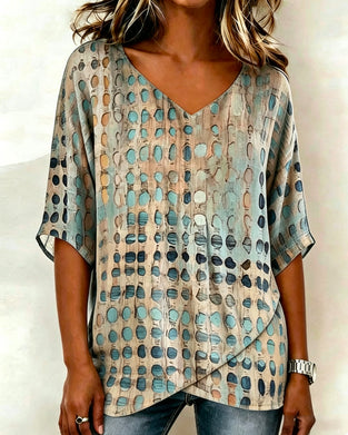 Blouse Col V Abstrait À Pois Imprimé Décontractée