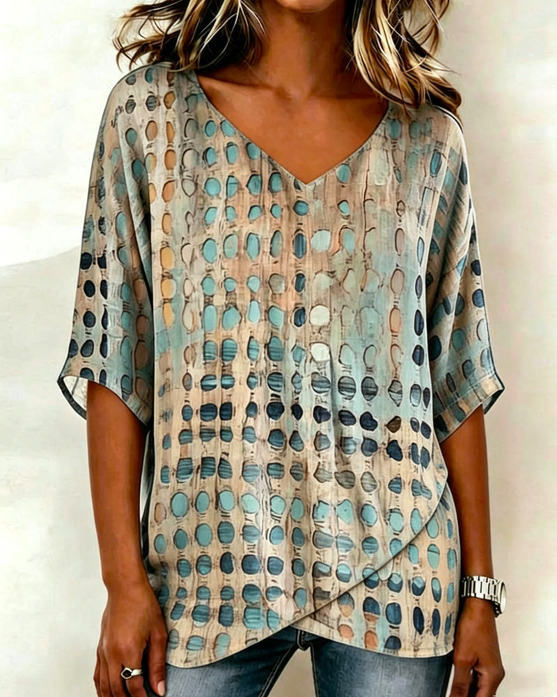 Blouse Col V Abstrait À Pois Imprimé Décontractée