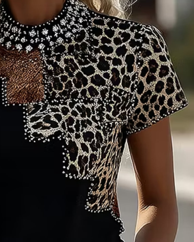 T-Shirt Patchwork Léopard Col Claudine Manches Courtes