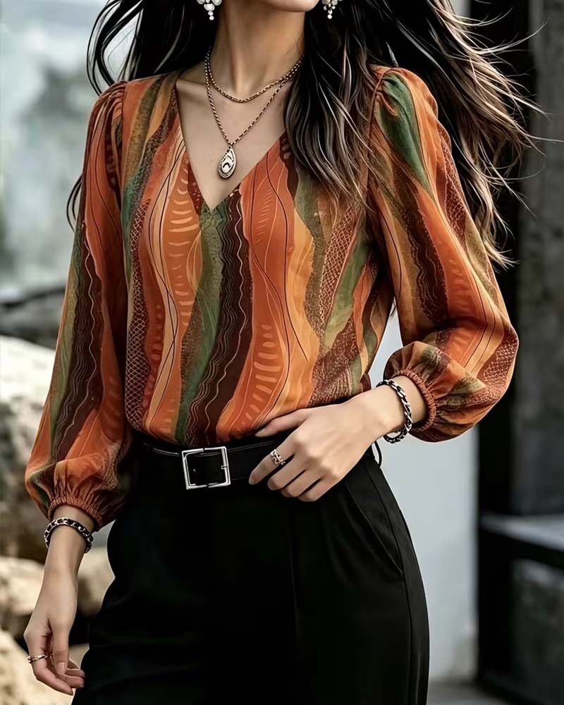 Haut Col En V Manche Bouffante Bloc De Couleur Manches Longues
