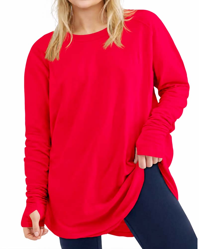 T-Shirt Col Rond Manches Longues Unie Coupe Oversized