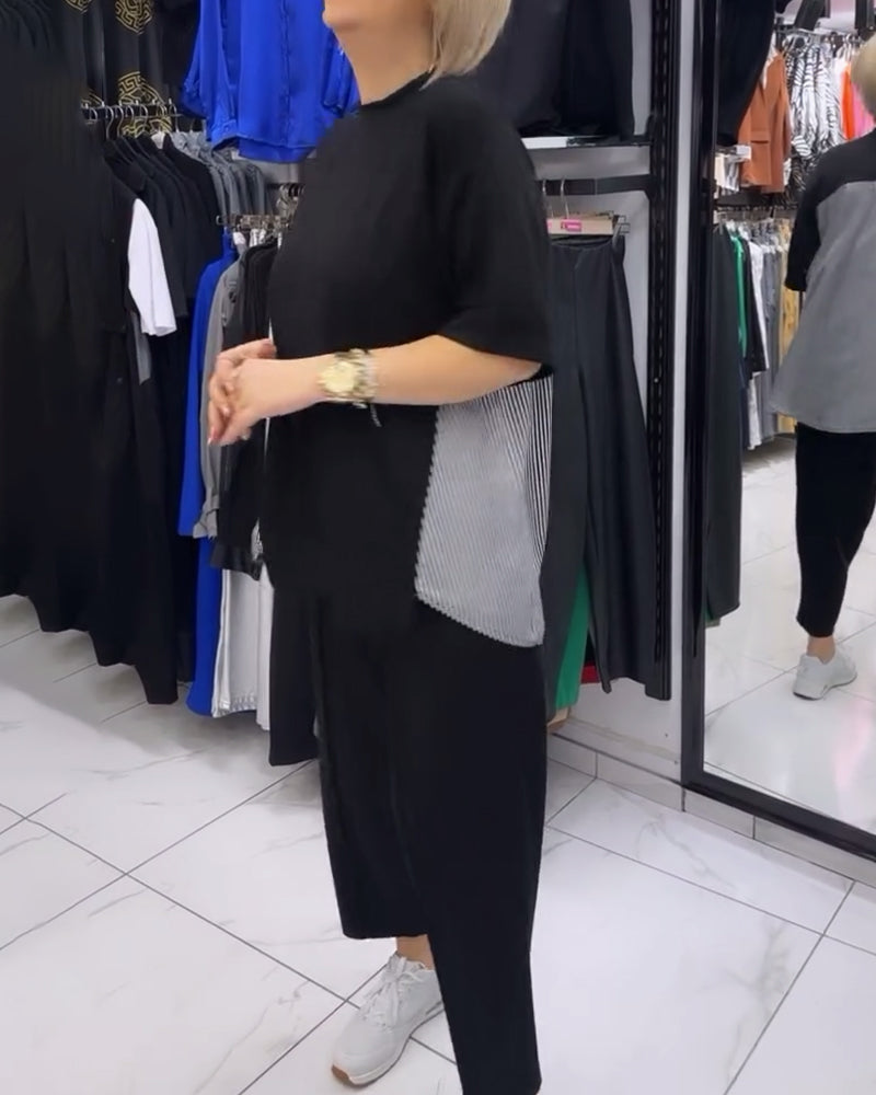 Blouse décontractée patchwork à fines rayures