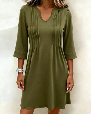 Robe Demi-Manches Plissée Ourlet A Col V